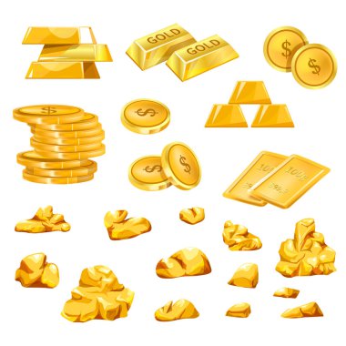 Money and wealth, gold and financial assets. Isolated dollar coins and plates, natural mineral with high value and price. Metal symbol of richness and good economic budget. Vector in flat style