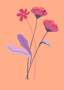 Blooming flowers, tender floral composition with stems and foliage. Arrangement with leaves and petals. Wildflower in a bouquet, present or decoration for greeting cards. Vector in flat style