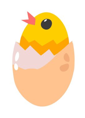Small newborn chicken farm animal sitting in eggshell. Isolated funny chick chirping. Emoticon or emoji, cute personage in egg. Growing pet for agricultural purposes, easter symbol. Vector in flat