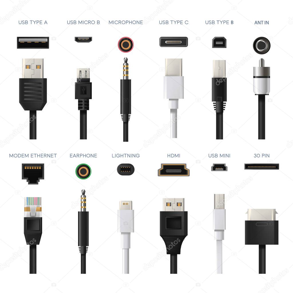 Usb connector type a, microphone and modem ethernet, earphones and HDMI, lightning and mini, 30 pin and ant in. Assortment and varieties of electronic devices chargers. Vector in flat style