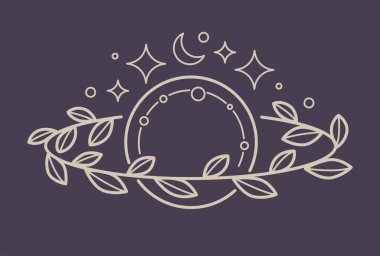 Mystic planet symbol, isolated moon with floral wreath made of foliage and leaves. Magic signs, stars and crescent, galaxy and universe. Decoration for cards, abstract design. Vector in flat style