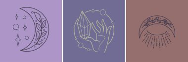 Magic crystal in hands, crescent moon with moonlight, herbs and branch with foliage and flowers. Isolated mysterious symbols for occult cards or tattoo design. Witchcraft vector in flat style