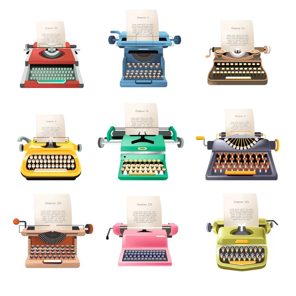 Old Typing Machines Papers Isolated Vintage Devices Printing Industries Journalist — 스톡 벡터