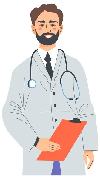 Male Character Working Hospital Clinics Isolated Doctor Stethoscope Notebook Results — Stockvektor