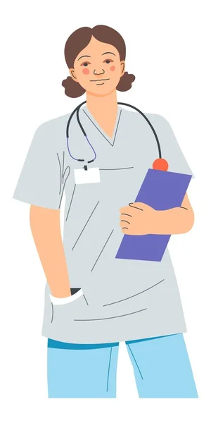 Medical Worker Assistant Surgeon Nurse Therapist Stethoscope Notebook Patients Data — Wektor stockowy