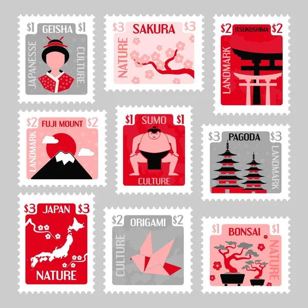 Japan Postage Stamp Set Flat Element Design Colorful Decoration Design — Stock Vector