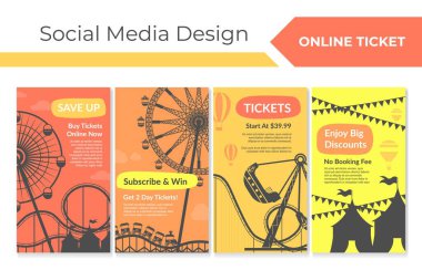 Amusement park deal at social media design set. Network story collection with buy online ticket sign, vector illustration. Subscribe and win, big discounts and special price at web page