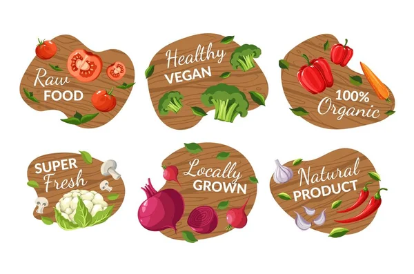 Sticker Design Set Healthy Vegan Fresh Food Organic Raw Food — Stock Vector