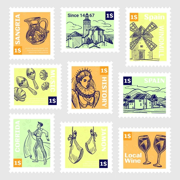 Spain Country Postage Stamp Set Sketch Element Postal Design Collection — 图库矢量图片