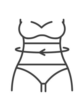 Measurement and dimensions of women waist, clothes and apparel size chart fitting and perfect choice. Shop or store with clothing. Isolated icon, line art minimalist label. Vector in flat style