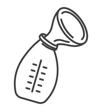 Baby feeding and nourishment, isolated breast pump. Newborn children care and eating habits, bottle with measurement, a container for milk with vitamins. Vector in flat style, minimalist icon