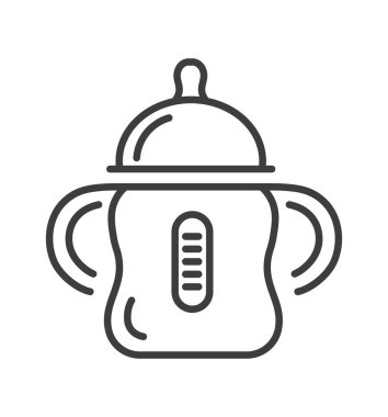 Newborn babies and toddlers care and feeding, bottle with handles, measuring line and soother. Nourishment and nutrition for children, kids healthy dieting. Vector in flat style, minimalist icon