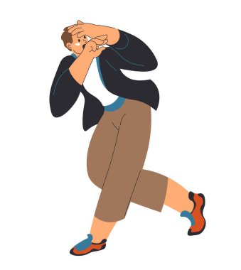 Scared male character running away from something, watching and gasping. Isolated man personage covering head, hiding face with arms, protecting from damage. Afraid guy. Vector in flat illustration