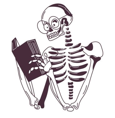Male skeleton character wearing glasses and reading book. Isolated funny man personage with skull and bones, sticker or emoji Santa Muerte. Monochrome outline or tattoo sketch. Vector in flat