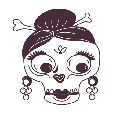 Female skeleton character, isolated woman skull with eyes and long eyelashes, earrings and decorative bones on hairstyle. Santa muerte emoji. Monochrome outline or tattoo sketch. Vector in flat
