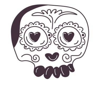 Skull with floral ornaments and decoration, isolated skeleton character in love. Emoji or sticker, santa muerte mexican holiday stylish personage. Monochrome outline for tattoo sketch. Vector in flat