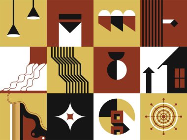 Contemporary abstract or minimalist square pattern, prints with modern design. Hanging lamps and house, compass and star, diagonal lines and shapes geometry. Vector in flat style illustration
