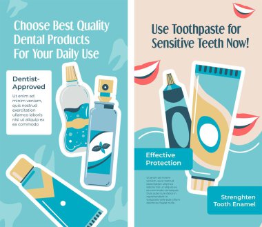 Use toothpaste for sensitive teeth now, dentist approved products for daily hygiene. Choose best quality floss and rinse. Effective protection of gums, advertisement posters. Vector in flat style