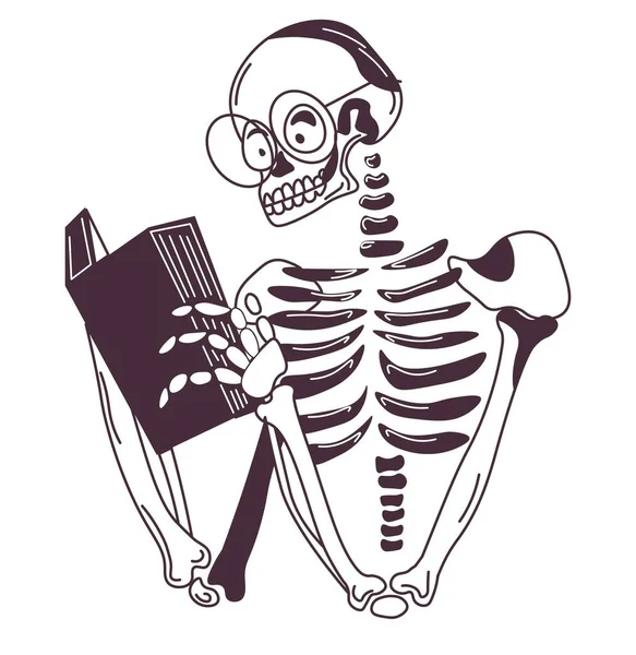 Male skeleton character wearing glasses and reading book. Isolated funny man personage with skull and bones, sticker or emoji Santa Muerte. Monochrome outline or tattoo sketch. Vector in flat