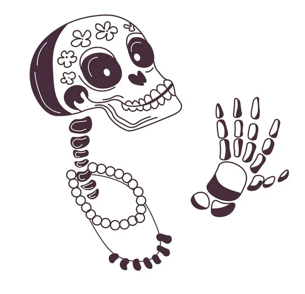 Female Character Skeleton Personage Wearing Pearl Necklace Flower Print Skull — Stok Vektör
