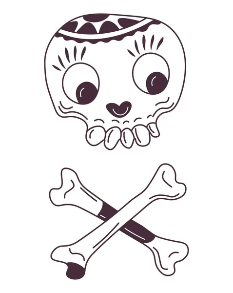 Crossed Bones Skull Floral Print Isolated Skeleton Character Personage Sticker — Stok Vektör