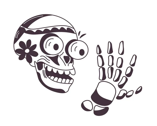 Skull Face Character Looking Hand Shock Isolated Skeleton Personage Flower — Stockvector