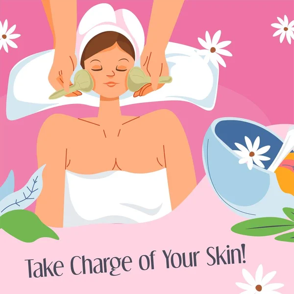 Spa Salon Procedures Skin Rejuvenation Moisturizing Effect Woman Lying Massage — Stock Vector