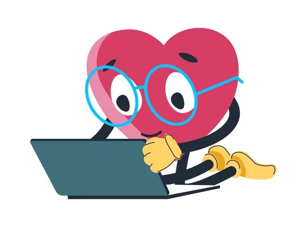 Personage Wearing Glasses Using Laptop Searching Info Isolated Heart Shaped — Vettoriale Stock