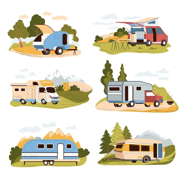 Camping Summer Holidays Active Lifestyle Rest Isolated Camper Van Tent — Stock Vector