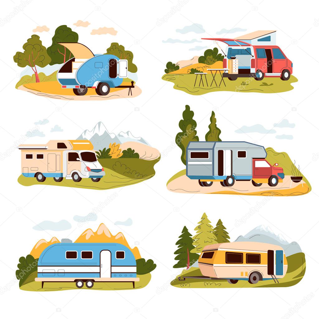 Camping summer holidays active lifestyle and rest. Isolated camper van with tent and table with chairs for sitting. Vehicles for traveling long distances, comfortable trip. Vector in flat style