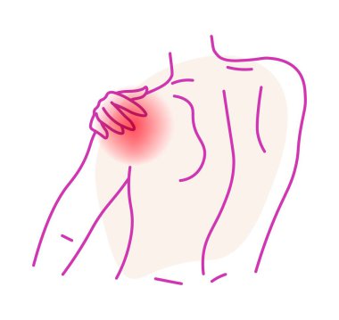 Localized shoulder ache, isolated personage showing back. Symptoms of health issues, causes and treatment for curing and taking care of. Minimalist drawing with area of pain, vector in flat style