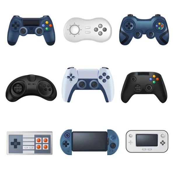 Console Types Realistic Joysticks Screens Buttons Controlling Video Game Playing — Vetor de Stock