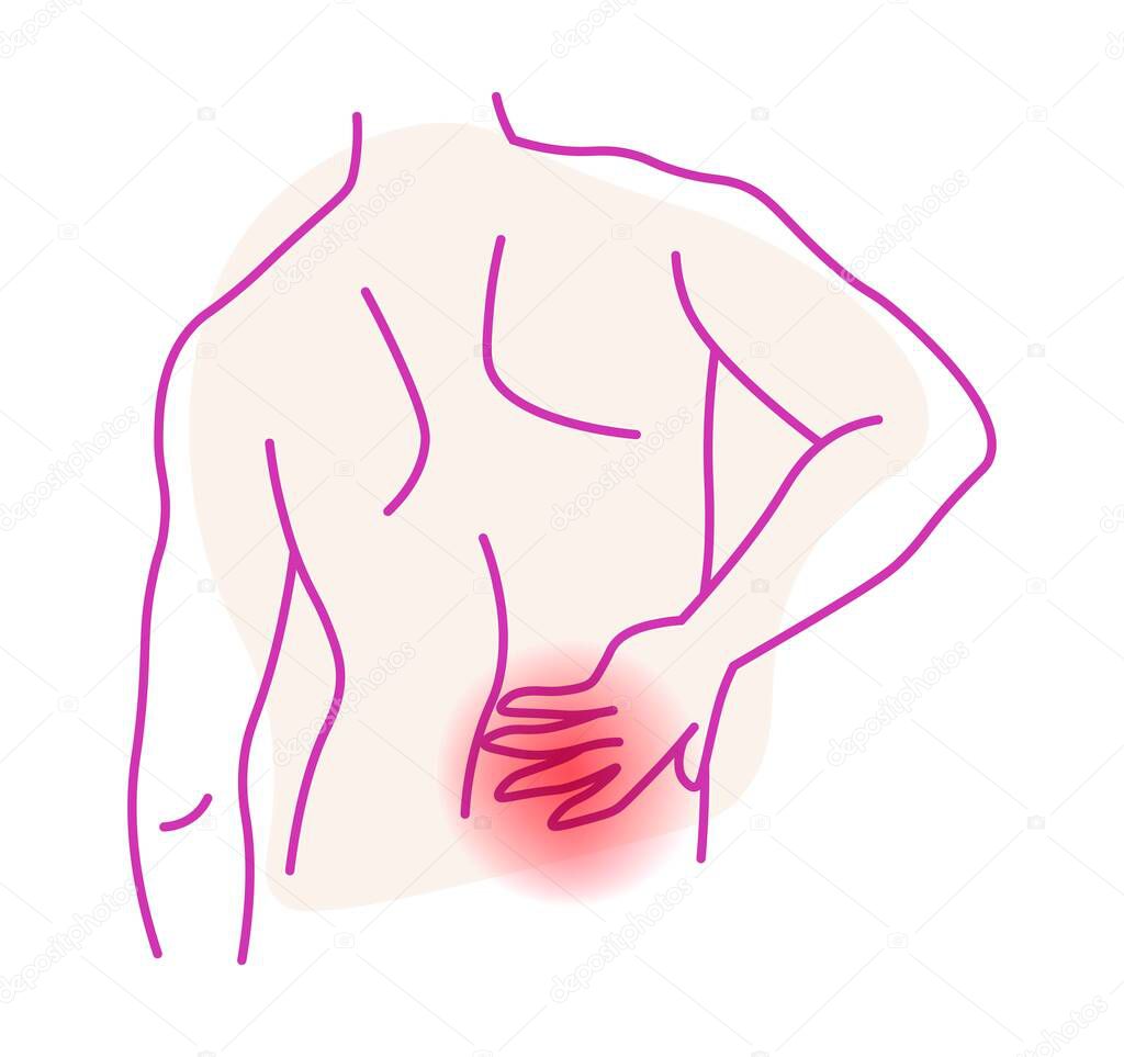 Prolonged aches in back of man, isolated bacache symptoms and treatment. Healthcare and issues with wellness and soundness. Minimalist drawing with area of pain, vector in flat style illustration
