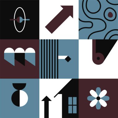 Bauhaus or modern artwork, square prints with abstract images. Arrows and straight or curved lines. Circle and home, flourishing flower botany, and wheel with small pointers. Vector in flat style