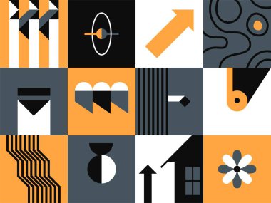 Contemporary art with abstract square prints, shapes and forms. Arrows pointing in direction, curved lines and straight geometry pattern. House and blooming wildflowers. Vector in flat style
