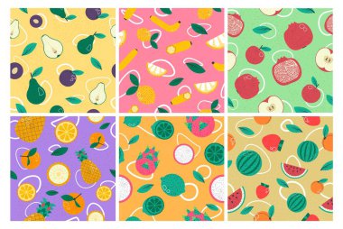 Colorful pattern with tropical fruits decoration set. Background design collection with vegetarian ripe product , vector illustration. Seamless banner with fresh summer food element