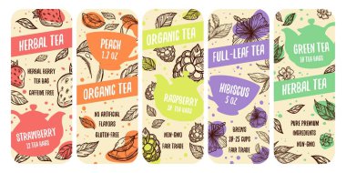 Packaging label design set for organic herbal tea. Full leaf tea drink with strawberry, peach and raspberry, vector illustration. Tasty floral product with hibiscus, emblem with hand drawn element