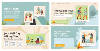 Landing banner design with hicking tour promotion. Guided trip advertising at web page collection, vector illustration. Flat man woman people character at mountains tour, nature decoration