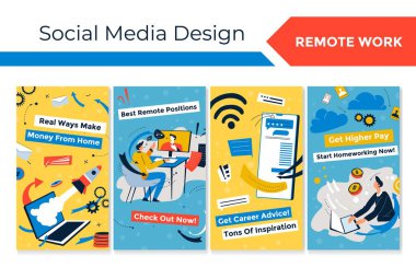 Social media web story page set with remote work. Make money from home, career advice and higher pay online offer, vector illustration. Flat man character work at laptop, network collection