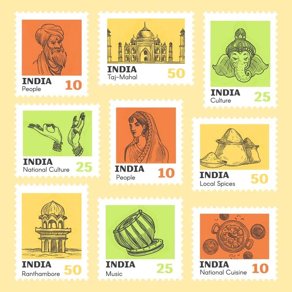 Colorful Postage Stamp Set Indian Element India National Culture Design — Vetor de Stock
