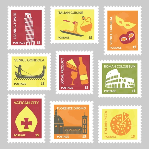 Postage Stamp Set Design Italy Element Colorful Postal Mark Collection — 스톡 벡터