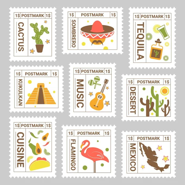 Набор Почтовых Марок Красочным Мексиканским Элементом Коллекция Почтовых Марок Плоской — стоковый вектор