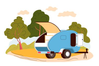 Traveling and riding on camper van, staying for night in forest. Vehicle with conveniences for trip. Car with place for sleeping and preparing food. Adventures and vacation. Vector in flat style