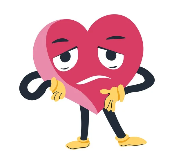 Disappointed or exhausted personage, isolated heart character with tired facial expression standing in pose. Surprised or upset emotion of love. Sticker or emoji, emoticon. Vector in flat style