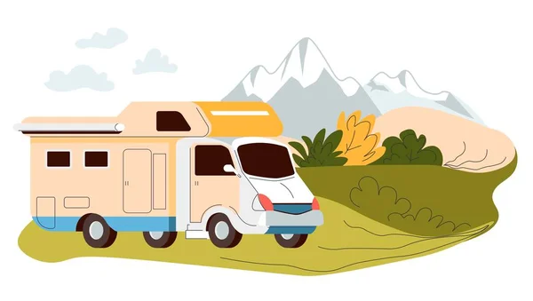 Holidays Adventures Traveling Camper Van Mountains Landscape Vehicle Conveniences Car — Stockvector