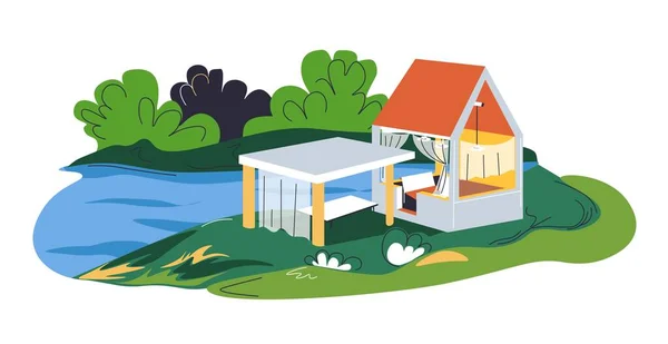 Nature rest and relaxation by lake or river. Eco resort or cabin for living surrounded by forest trees. House with terrace for sitting and looking at scenic sights. Sightseeing vector in flat style