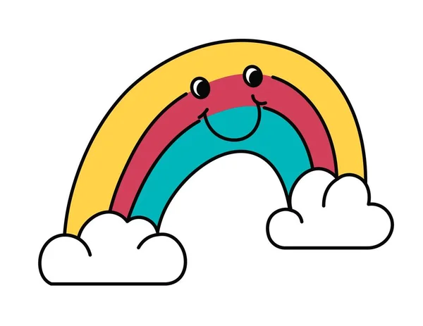Engraçado Bonito Arco Íris Personagem Com Sorriso Nuvens Personagem Isolada —  Vetores de Stock