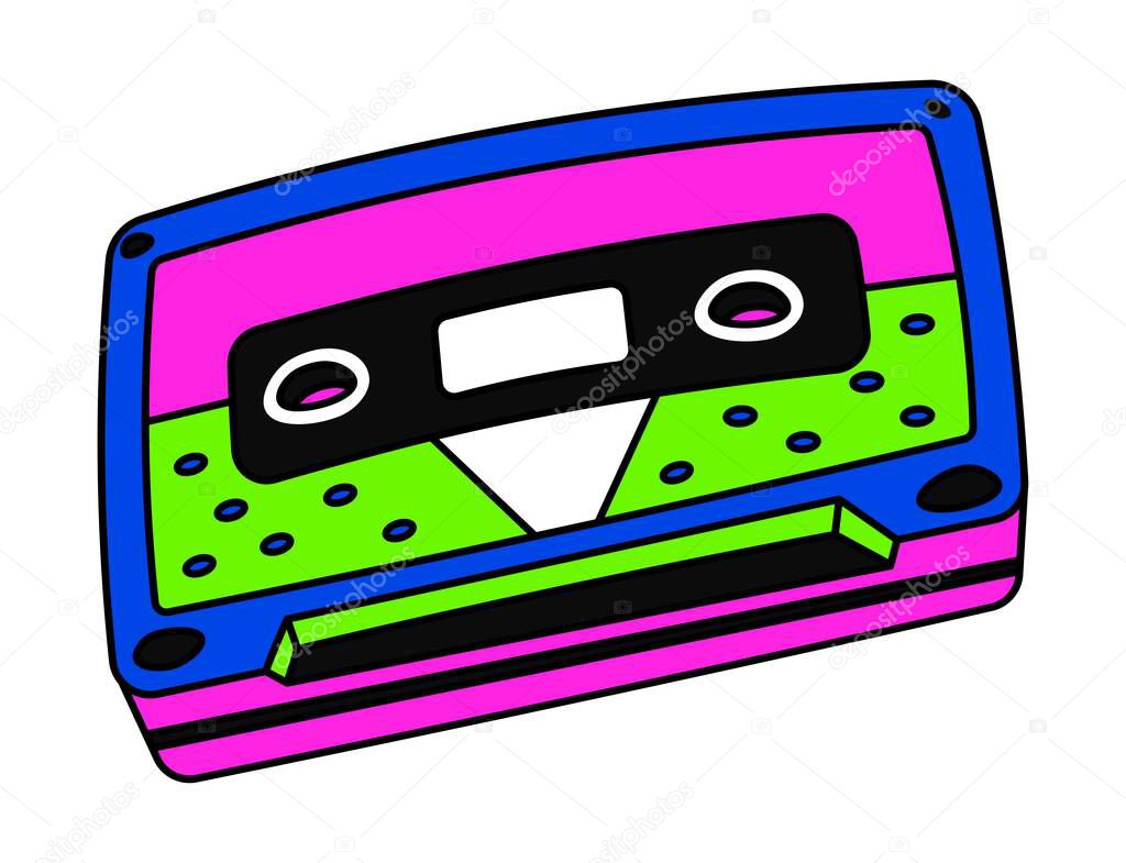 Old school music cassette with songs and audio. Isolated retro item for entertainment and fun. 1990s sticker or emoticon, plastic object for magnetophone playing tracks. Vector in flat style