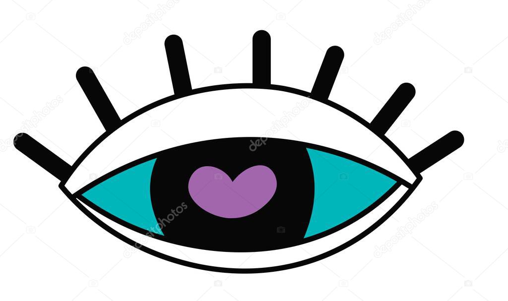 Falling in love, deep romantic feelings and emotions. Isolated open eye with long eyelashes and heart reflection in pupil. Sticker or emoticon, social media communication. Vector in flat style