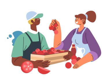 Bir kutu olgun domatesli erkek karakter müşteriye ürünler satıyor. Yerel pazar, sebzeli, organik ve doğal sebzeli çiftçi ve müşteri. Düz biçimli vektör